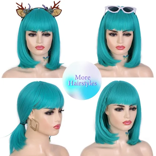 Miniatura 7 de Lady Miranda Peluca verde azulado corta Bob con flequillo para mujer, resistente al calor, peluca sintética turquesa de 12 pulgadas, peluca