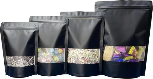 Miniatura 7 de FERENLI 50 bolsas de papel kraft resellables negras con ventana mate para ventana, bolsas de almacenamiento de alimentos sellables con cierre