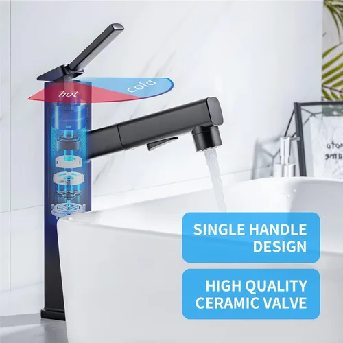 Miniatura 6 de HANLIAN Grifo de lavabo tipo vasija de baño extraíble de una sola manija con boquilla giratoria, moderno grifo de baño alto de un solo orificio