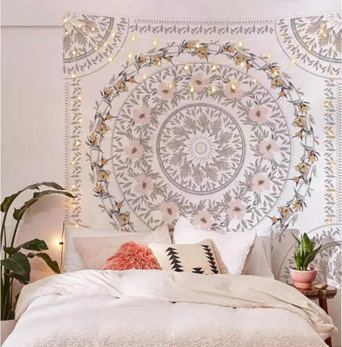 Miniatura 2 de Simpkeely Tapiz de medallón floral esbozado, tapiz colgante de pared con mandala bohemio, mural de impresión de arte indio para dormitorio, sala