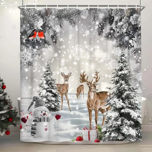 Miniatura 11 de JAWO Cortina de ducha de muñeco de nieve de Navidad para decoración de baño, cortina de baño de tela con ganchos, 36 x 70 pulgadas