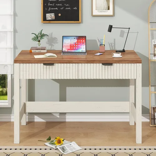Miniatura 3 de YOMILUVE Escritorio estriado para computadora con 2 cajones, escritorio pequeño de computadora de 39 pulgadas con almacenamiento, escritorio Blanco