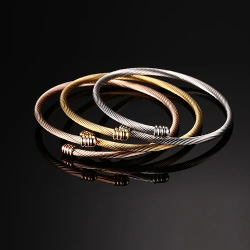 Miniatura 4 de Brazalete trenzado de acero inoxidable triple 3 con alambre de cable apilable para mujer, ororosaplata, Acero inoxidable