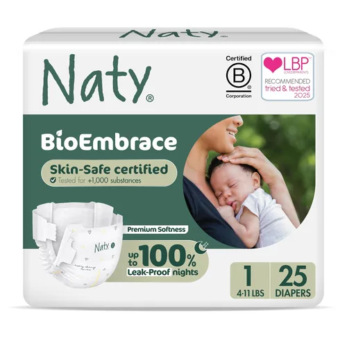 Naty BioEmbrace - Pañales para bebé recién nacido, certificado seguro para la piel sensible, protección contra fugas de hasta el 100 %, suavidad de