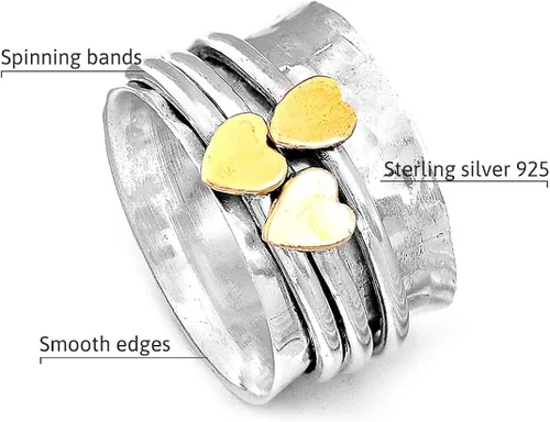 Miniatura 5 de Boho-Magic Anillo giratorio para mujer, plata de ley 925 con corazones de latón y bandas para la ansiedad, Metal