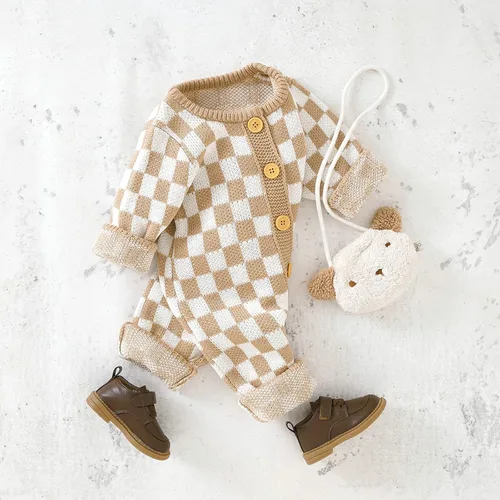 Miniatura 2 de Gueuusu Mameluco de punto para bebé, niña, niño, suéter de punto, overol con estampado de cuadros de ajedrez, manga larga, con botones