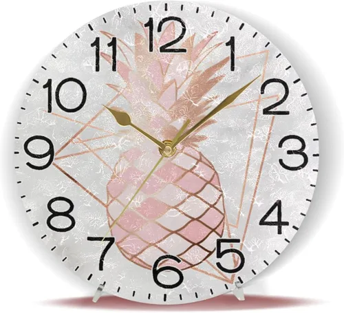 Miniatura 6 de ALAZA Reloj de pared de piña en oro rosa sobre mármol rosa y blanco, funciona con pilas, sin tictac, silencioso, cuarzo analógico, rústico