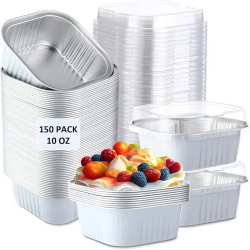 Miniatura 25 de Aoriher 150 piezas de moldes mini para pasteles de 10 onzas con tapas, tazas de horneado de papel de aluminio cuadradas desechables de 4" x 4