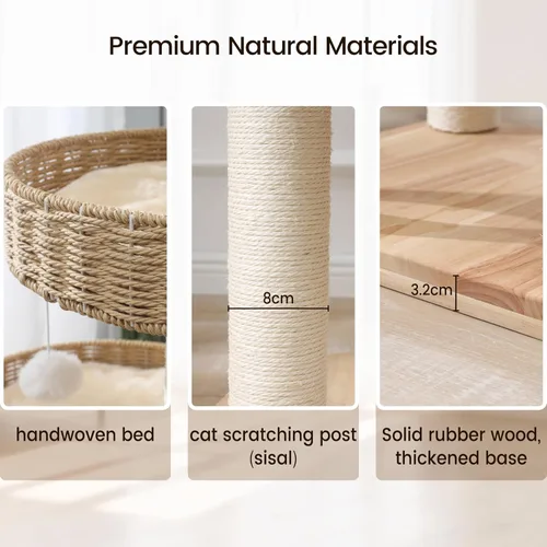 Miniatura 6 de Árbol de madera maciza para gatos grandes, torre moderna para gatos de 48 pulgadas con cestas tejidas a mano, condominio para gatos de varios
