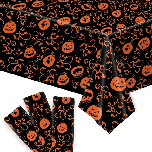 KatchOn, Mantel de plástico de Halloween de calabaza, 54x90 pulgadas, paquete de 3, mantel de calabaza, mantel de Halloween negro y naranja, mantel