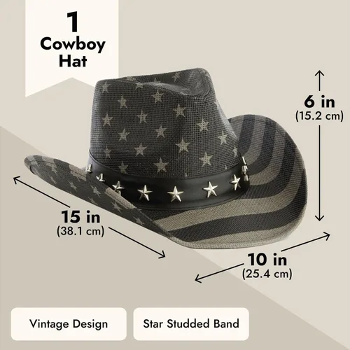 Miniatura 6 de Sombrero de vaquero de paja de Estados Unidos para hombres y mujeres, aspecto vintage, sombrero de vaquera para fiesta de disfraces (tamaño adulto)