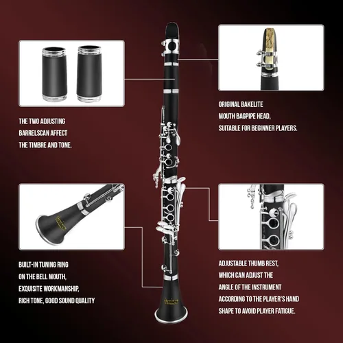 Miniatura 3 de Soulmate Clarinete para principiantes, estudiantes, adultos, juego de clarinete de 17 teclas con estuche rígido de 2 barriles, 10 cañas y kit