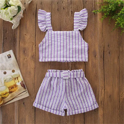 Miniatura 4 de Niño Niños Bebé Niña Rayas Volantes Sin Mangas Chaleco Top Bowknow Pantalones Cortos Conjunto Ropa de Verano