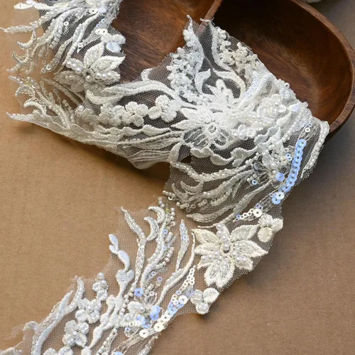 Miniatura 5 de Blanco marfil 2yard lentejuelas con cuentas flor bordado apliques de encaje para vestidos de novia apliques de diamantes de imitación parches ropa