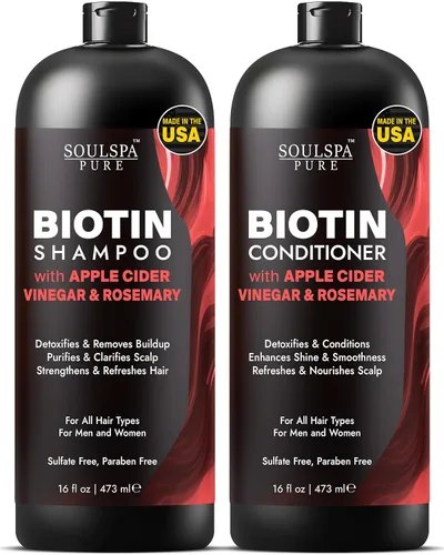 SOULSPA PURE Juego de champú y acondicionador de biotina de vinagre de sidra de manzana, cuidado del cuero cabelludo aclarante ACV con aceite de
