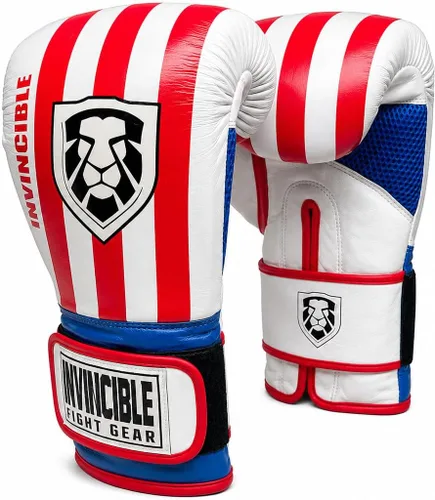 Invincible Fight Gear Hook and Loop Leather Training Boxing Gloves with USA Flag Colors - Ideal for Boxing, Kickboxing, Muay Thai, MMA for Men Women