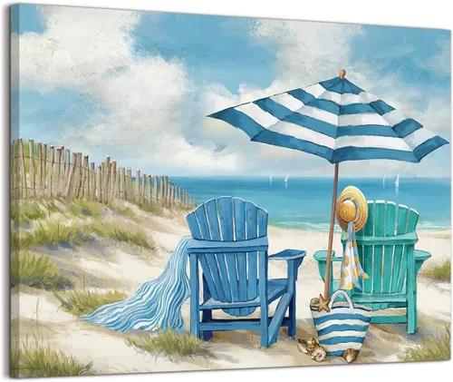 LAIART Lienzo de Arte de Pared de Océano Azul, Decoración de Arte de Playa con Silla de Playa, Impresión de Cuadro, Arte Relajante de Paisaje Marino