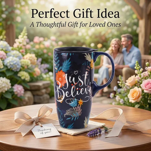 Miniatura 5 de Topadorn Taza de cerámica con tapa y asa, 17 oz. Taza de café alta para el hogar, perfecta para café y té, Just Believe Solo creer