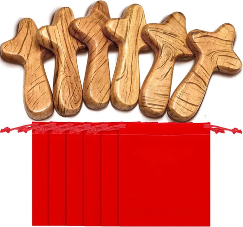 WILLBOND Juego de 6 pequeños regalos de bautismo cruzados de mano de 4.1 pulgadas, decoración de cruz de pared con bolsa de terciopelo, crucifijo de