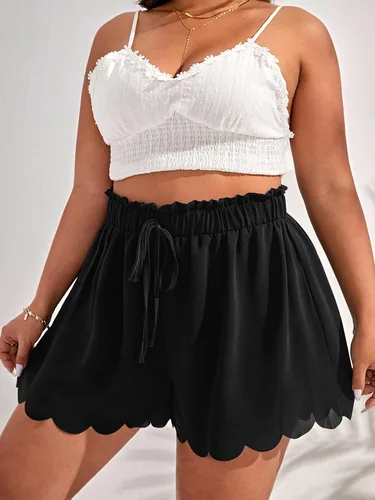 Miniatura 3 de MakeMeChic Pantalones cortos de pierna ancha con cintura elástica y ribete festoneado para mujer