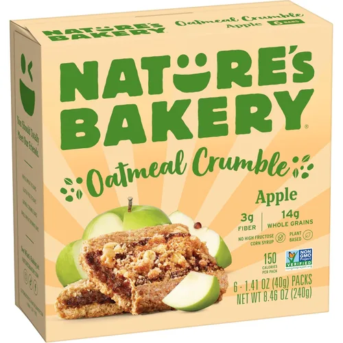Nature's Bakery Barras de desmoronamiento de avena, manzana, fruta real, veganas, sin OMG, barra de desayuno, 1 caja con 6 paquetes, 6 unidades