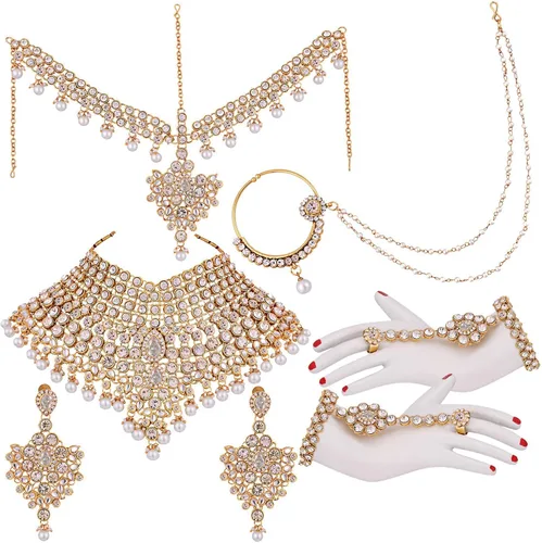 Aheli Classic Bollywood Style Indian Bridal Choker Necklace Matha Patti Nose Ring Haath Phool Wedding Fashion Jewelry Set for Women (Blue)