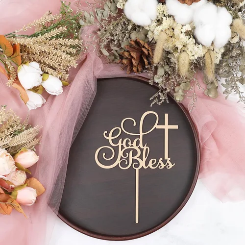 Miniatura 3 de Decoración para pastel con texto en inglés "God Bless", suministros de decoración de bautismo de madera para niños y niñas, accesorios para cabina