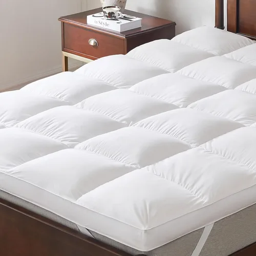 Cubrecolchón de plumas de ganso blanco de 3 pulgadas, cubrecolchón de cama de plumas Twin, funda de colchón con correas, superficie ultrasuave tipo