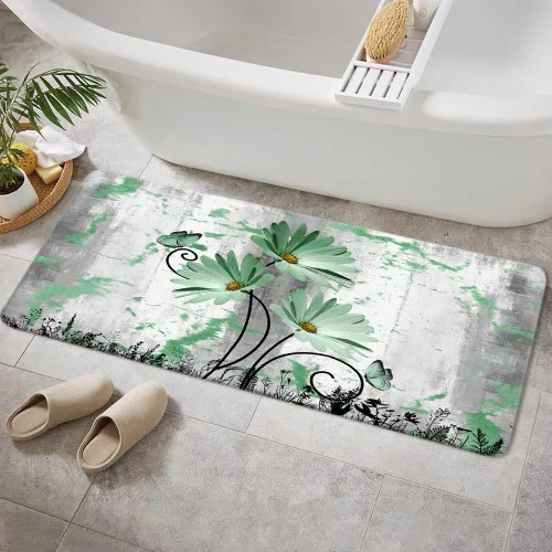 Miniatura 11 de Alfombra de baño rústica de granja, diseño de margaritas y mariposas en madera de campo, tapete de baño de madera color gris, blanco, azul marino