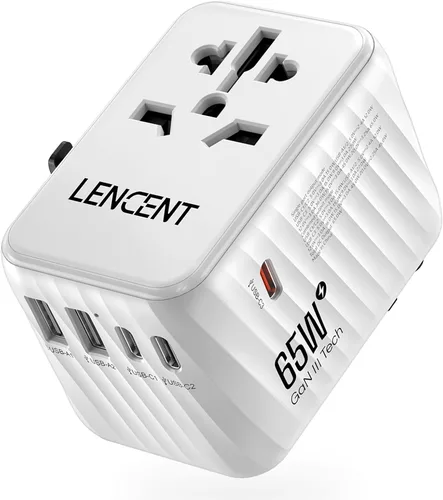 LENCENT Adaptador de viaje internacional, cargador rápido universal GaN3 de 65 W con 2 USB A + 3 PD tipo C, adaptador de corriente mundial para