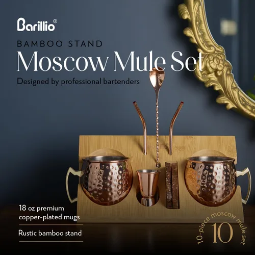 Miniatura 5 de Barillio Moscow Mule - Juego de 2 tazas de cóctel de acero inoxidable, chapadas en cobre con soporte de bambú, aptas para alimentos, kit Moscow Mule