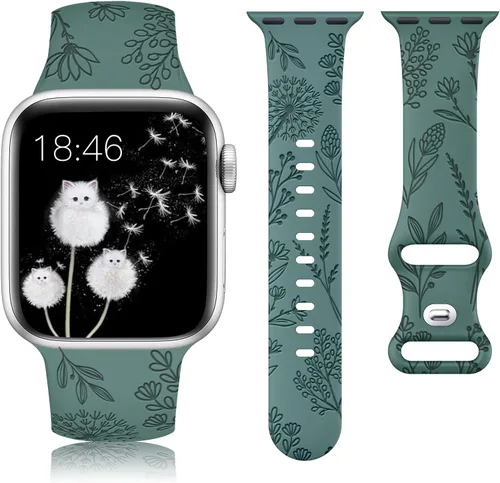 Miniatura 13 de Minyee - Correa floral grabada compatible con Apple Watch de 41mm 40mm 38mm 42mm 44mm 45mm 46mm 49mm para mujeres, correa deportiva de silicona Luz