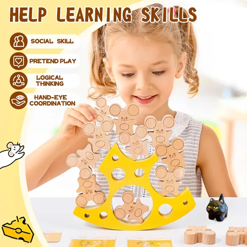 Miniatura 6 de HAPGFS Ratones de queso de madera apilables, juego de equilibrio para niños de todas las edades, mejora la creatividad, coordinación de ojos