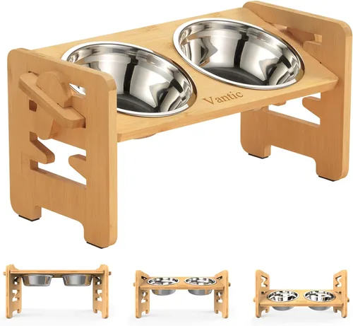 Vantic Cuencos elevados para perros, soporte elevado ajustable para cachorros y gatos pequeños, alimentador de alimentos de bambú resistente para