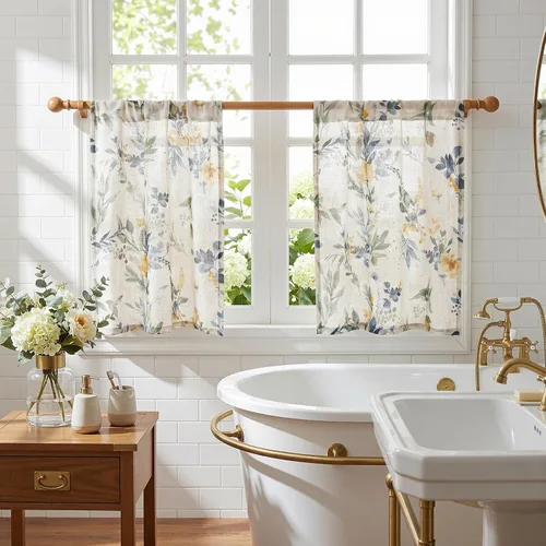 Miniatura 3 de MYSKY HOME Cortinas florales de cocina de 24 pulgadas, cortinas de lino con patrón de flores de granja, bolsillo para barra de filtro de luz aireado