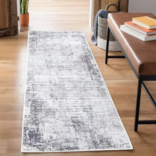 Bloom Rugs Alfombra de pasillo lavable antideslizante de 10 pies – gris/carbón/azul moderno abstracto para entrada, pasillo, baño y cocina, tamaño
