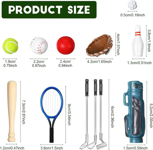 Miniatura 2 de Skylety Juego de 23 piezas de deportes en miniatura para casa de muñecas, mini golf, béisbol, tenis, bolos, palos de pelota de golf, raqueta, mini