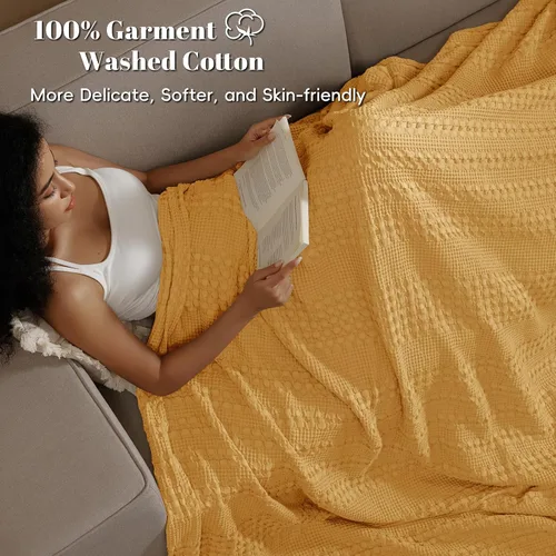 Miniatura 2 de PHF - Manta de punto gofre 100% algodón King, suave, ligera, transpirable, acogedora, de verano, para cama, tejida, estética, decoración del hogar