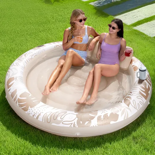 Miniatura 12 de SLOOSH Flotador inflable para piscina de bronceado, flotadores de piscina de 72 x 56 pulgadas para adultos con almohada, flotador redondo 4 en 1