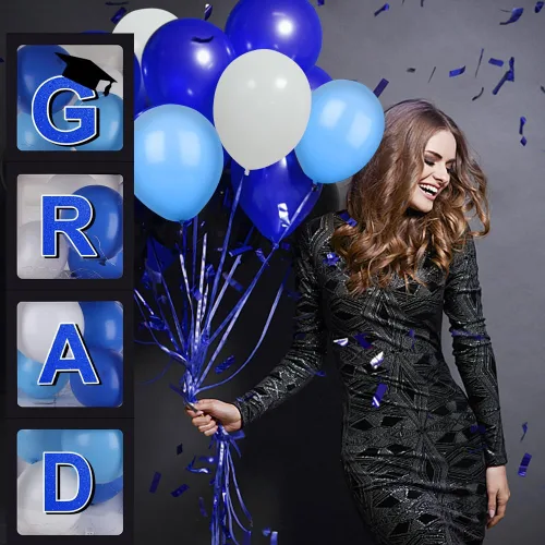 Miniatura 4 de Decoraciones azules para fiestas de graduación 2026, cajas de globos de graduados – 4 cajas de globos negros con 4 cuerdas de luz y letras 2026 Grad