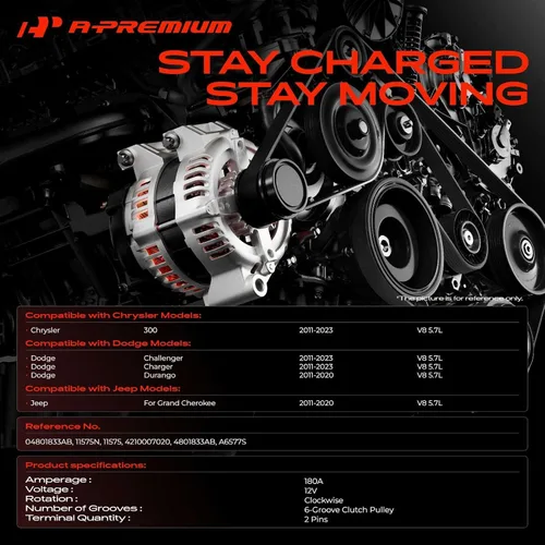Miniatura 2 de A-Premium Alternador compatible con Chrysler 300 11-22 y Dodge Challenger 11-22, Charger, Durango y Jeep Grand Cherokee 11-20, V8 5.7L, 12V 180A