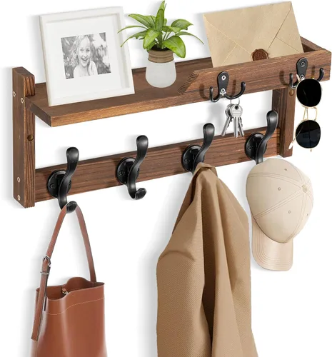 Miniatura 11 de dreampossible Perchero de pared con estante, perchero de pared con ganchos para llaves y soporte para correo, estante flotante de entrada de madera