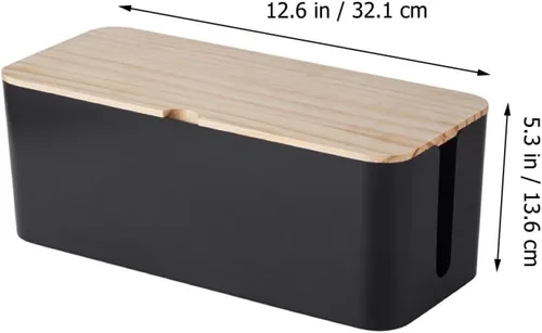 Miniatura 2 de Toyvian Cable Storage Box Power Line Manager with Natural Wood Lid, Medium Black Charging Cable Organizer for Home and Office Cord Management