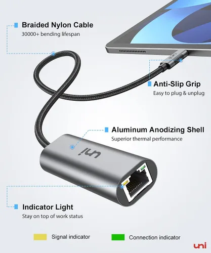 Miniatura 4 de uni Adaptador USB-C a Ethernet de 2.5 Gbps, Blazing Fast Type-C (compatible con Thunderbolt 4/3) a RJ45, adaptador de red Gigabit de aluminio