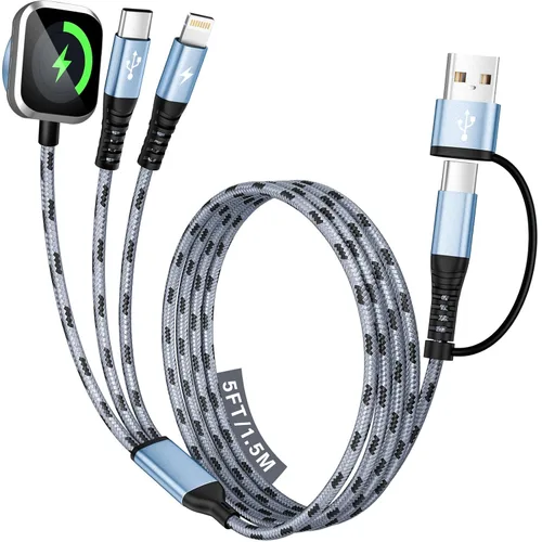 Miniatura 15 de Cable de Carga Múltiple para Cargador de Apple Watch, 4 en 1 Cable Cargador de Teléfono USB A/C con Doble Tipo-C/IP, Cable Magnético iWatch de Nylon