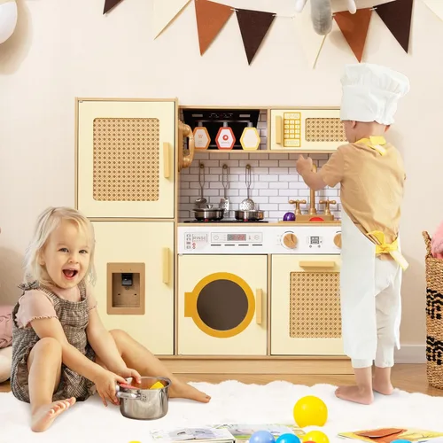 Miniatura 9 de HONEY JOY Cocina de Juguete de Madera con Diseño de Ratán, Juego de Cocina de Juguete para Niños Pequeños, Estufa con Luces y Dispensador de Agua