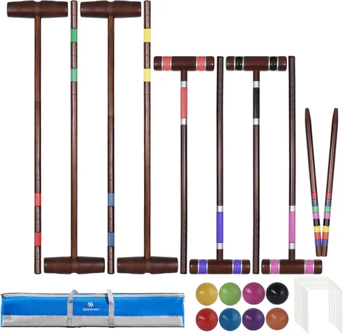 SpeedArmis Juego de croquet de lujo para 8 jugadores con regulación de 32 pulgadas | mazos de madera de goma de tamaño estándar de 28 pulgadas, bola