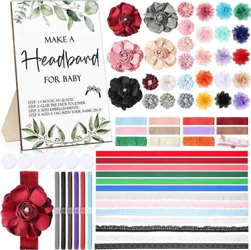 Miniatura 8 de Geosar Kit de diadema para baby shower, incluye letrero de madera con 60 cintas elásticas de flores bonitas, 10 telas redondas con cinta