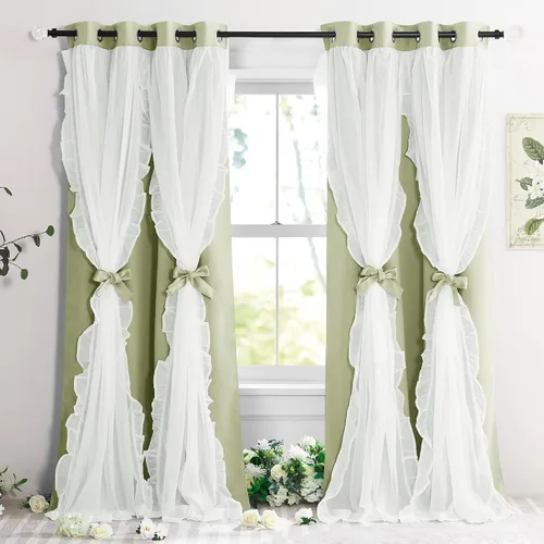 Miniatura 13 de PONY DANCE Cortinas con Volantes de Doble Capa con Superposición Transparente, Decoración Elegante para Ventanas de Diseño Rústico Francés de Campo