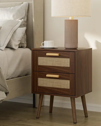 Miniatura 10 de Masupu Mesita de noche de ratán, moderna mesita de noche bohemia con 2 cajones, mesa auxiliar pequeña para dormitorio, sala de estar, oficina